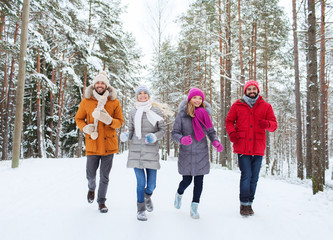 group of smiling men and women in winter forest