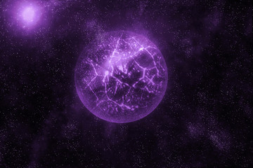 Image of crashing, exploding planet  in deep space, universe with star field background. Computer generated abstract background.