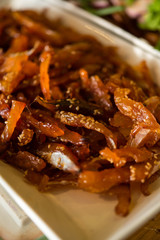 Fried pork served with rice in the morning.