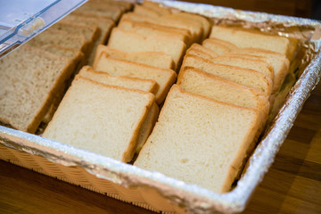 bread on a wood table ready to eat served buffet breakfast.