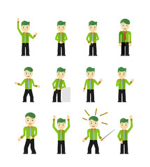 Set of cute young businessmen character poses isolated on white