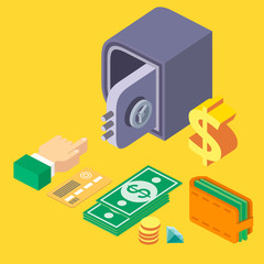 3d isometric safe set: money, credir card, diamond, vector. Flat