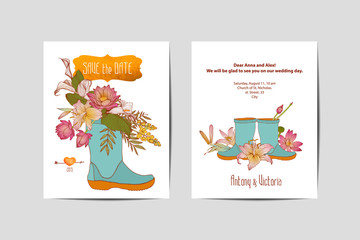 bilateral wedding invitation. Flowers in rubber boots