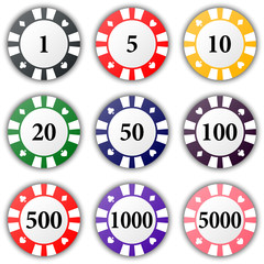 Set of colorful casino chips isolated on a white background.