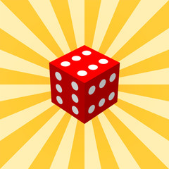 Big red dice on a yellow radial background. Vector illustration