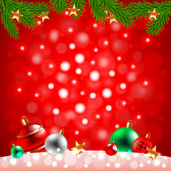 Christmas balls in the snow on red background