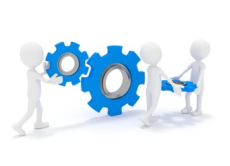 3D Männchen mit Zahnräder - Teamwork