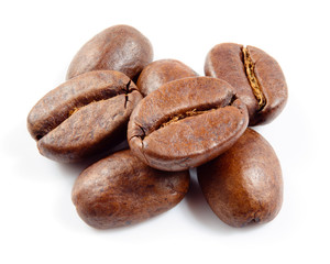 Roasted coffee beans isolated on white background.