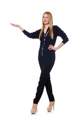 Tall young woman in black clothing isolated on white