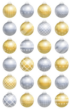 Christmas balls, gold silver, glossy, different ornaments and patterns, twenty-four items, for an advent calendar - isolated vector illustration over white background.