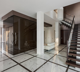 Luxury hall interior with staircase and glass wardrobe