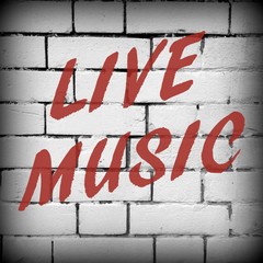 The words Live Music in red text against a brick wall background processed in black and white for effect