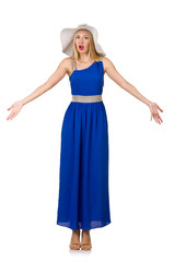 Beautiful woman in long blue dress isolated on white