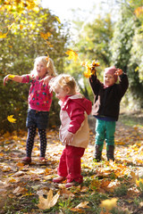Kinder spielen mit buntem Herbstlaub