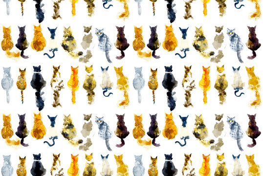 Cats seamless background. Watercolor hand drawn illustration