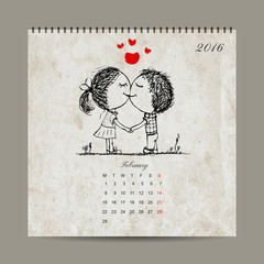 Calendar grid 2016 design, february. Couple in love together