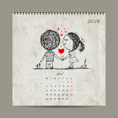 Calendar grid 2016 design, april. Couple in love together