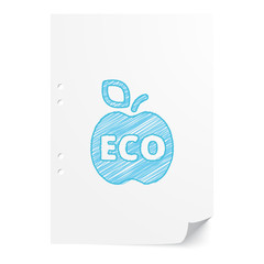 Blue handdrawn Apple illustration on white paper sheet with copy