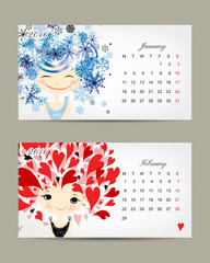 Calendar 2016, march and april months. Season girls design