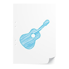 Blue handdrawn Guitar illustration on white paper sheet with cop
