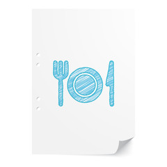 Blue handdrawn Dinner illustration on white paper sheet with cop