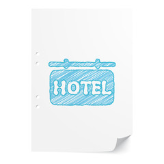 Blue handdrawn Hotel Sign illustration on white paper sheet with