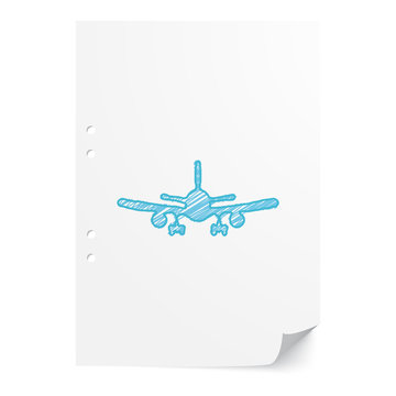 Blue handdrawn Airplane illustration on white paper sheet with c
