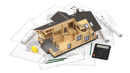 The three-dimensional image of a modern wooden house on a background of drawings. Objects isolated on white background. Image includes roulette, eraser, pencil and calculator.