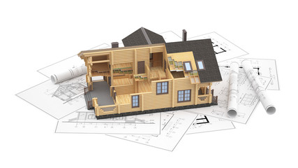 The three-dimensional image of a modern wooden house on a background of drawings. Objects isolated on white background.