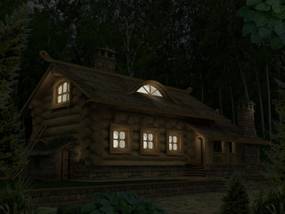 Fototapeta na wymiar Wooden house 1. Wooden house in the forest at night.