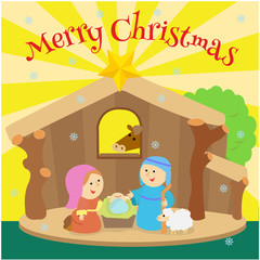 Jesus is born in a stable with Mary and Joseph next to him.