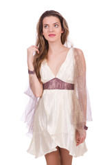 Pretty lady in light charming dress isolated on white