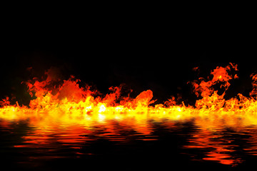 awesome fire flames with water reflection, on a black background