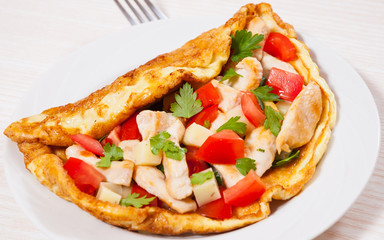 omelette with slices of chicken breast, cheese and vegetables