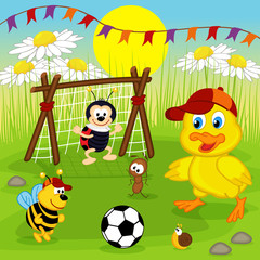 Obraz na płótnie Canvas duckling and insects play football - vector illustration, eps