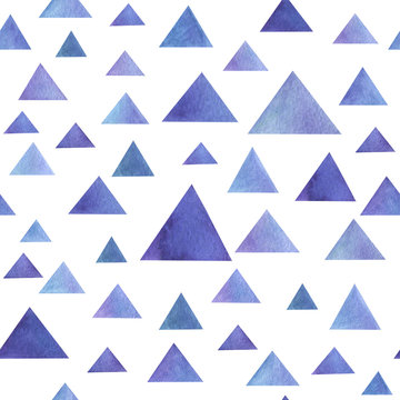 Colorful hand drawn real watercolor seamless pattern with blue and purple triangles. Abstract grunge seamless pattern. Triangles on white background.