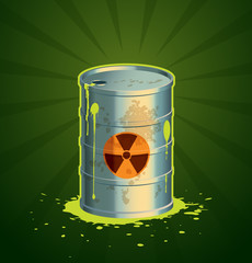 Vector barrel of radioactive waste on a green background.