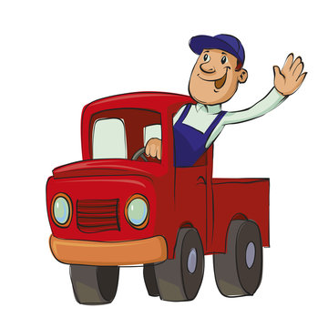 Smiling man driving an old pickup truck, vector illustration