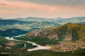 Katun river near Manzherok lake, view from the top of ski lift