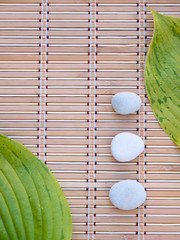 Two green leaves and three white stones on the bamboo mat