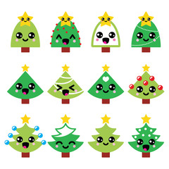 Cute Kawaii Christmas green tree with star vector icons set  