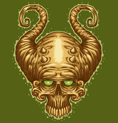 Vector image of skull with horns like a tattoo on a green background.