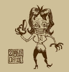 Vector office zombie woman with a mobile phone on a gray background. The text is written in curves.