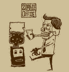 Vector office zombies in a shirt and tie next to the water cooler on a gray background. The text is written in curves.