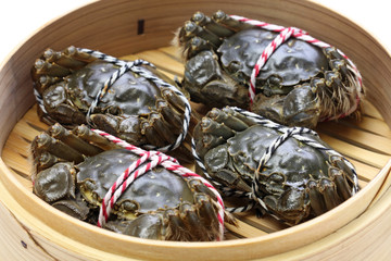 raw chinese mitten crab, shanghai hairy crab in bamboo steamer