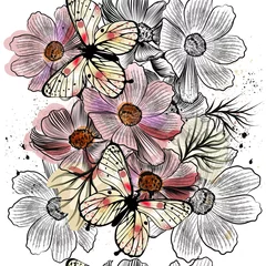 Möbelaufkleber Seamless wallpaper pattern with hand drawn cosmos flowers © Mary fleur