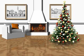 Natale Casa_005
Natale, abete decorato in salotto con camino. Rappresentazione del Natale in famiglia.
