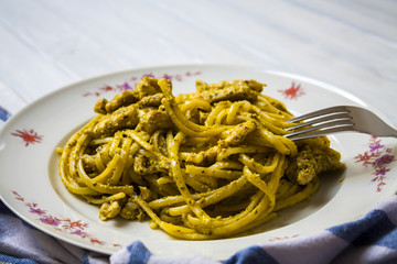 Spaghetti with homemade pesto sauce