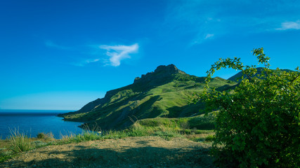 Landscape with Black sea and Karadag mountain, Spring, Koktebel, Crimea