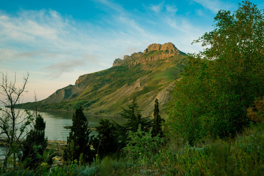 Landscape with Black sea and Karadag mountain, Spring, Koktebel, Crimea